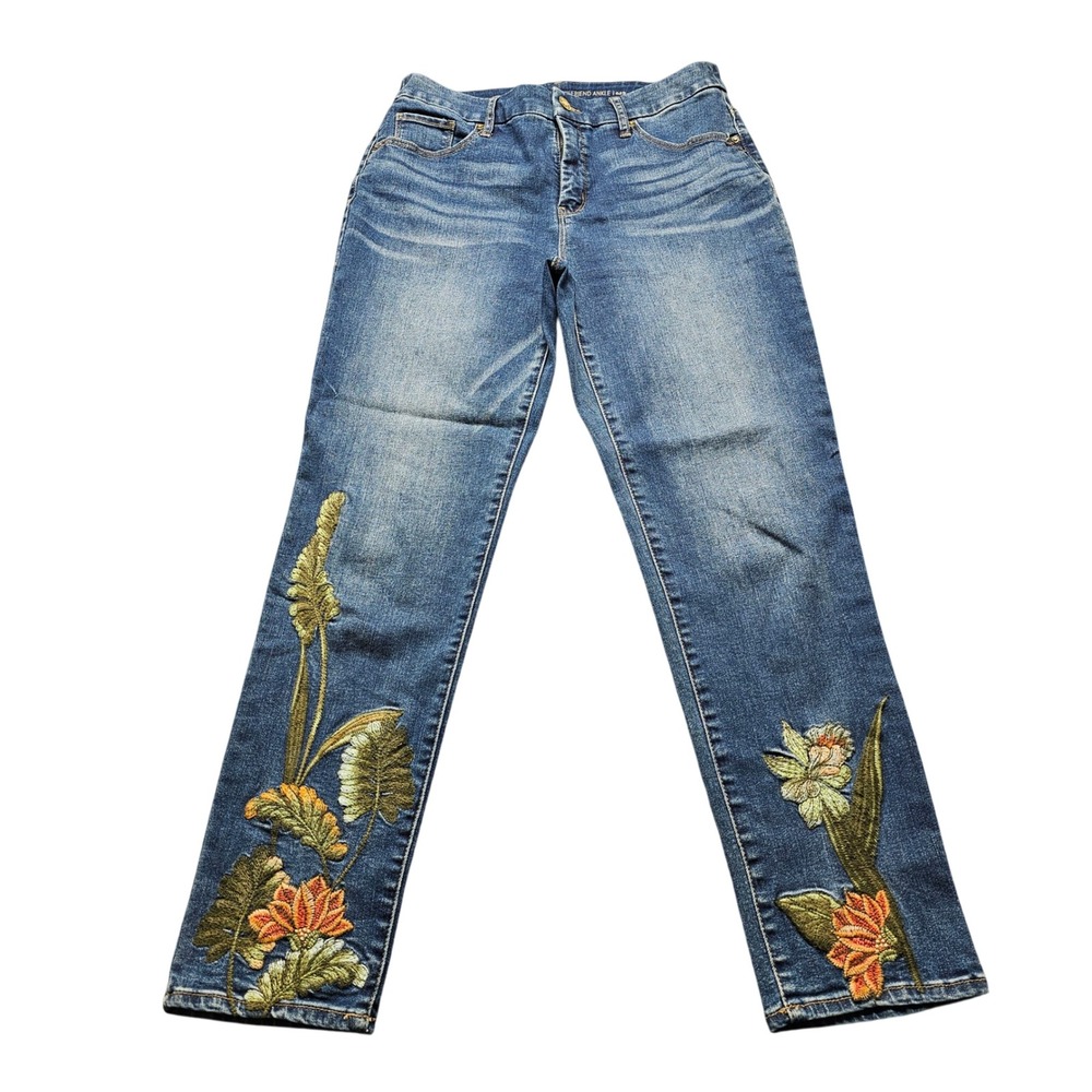 Chicos So Slimming Girlfriend Ankle Jeans Womens 0.5 Blue Floral Embroidery 5371